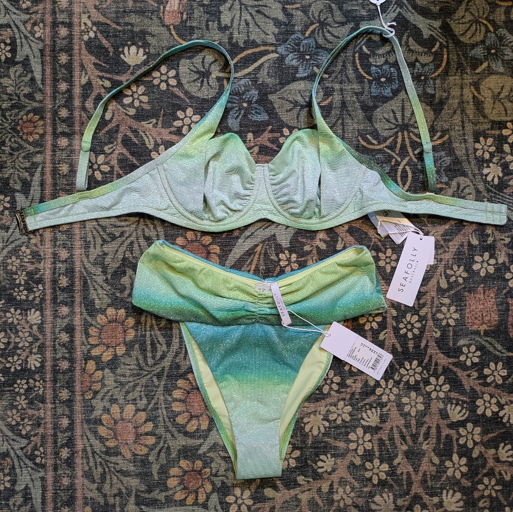 Seafolly Spectrum Jade Sparkly Bikini DD Underwire Top M High Waist Bottom NWT